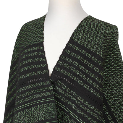 Evening Drama Green on Black Handwoven Fringed Mexican Rebozo Shawl