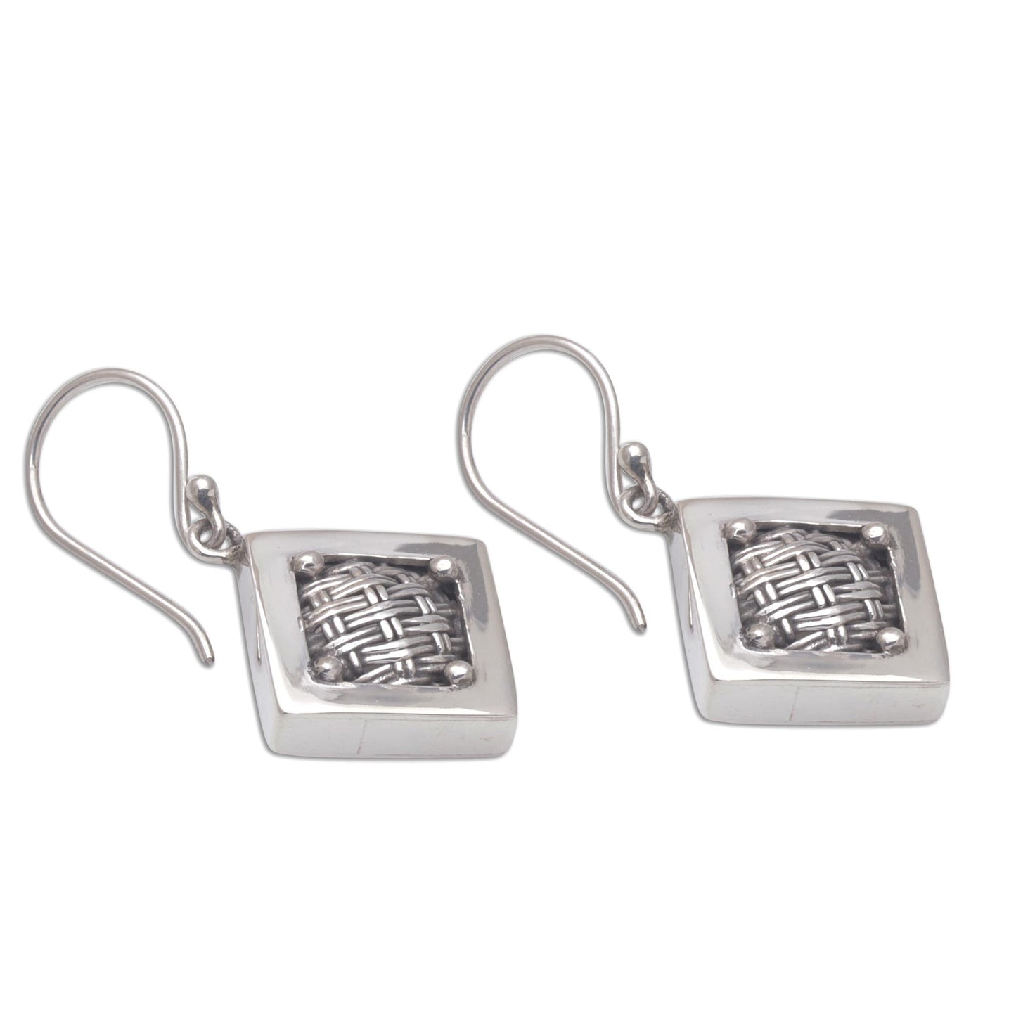 Weaving Ketupats Woven Sterling Silver Diamond Shaped Dangle Earrings