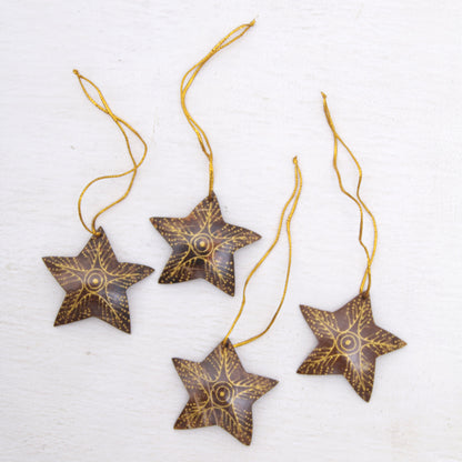 Bright Lights in the Sky Set of 4 Handmade Brown Coconut Shell Star Ornaments