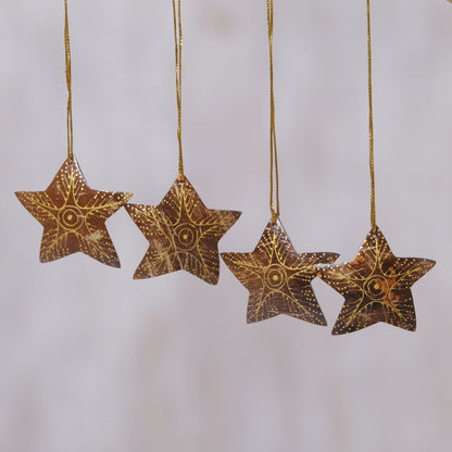 Bright Lights in the Sky Set of 4 Handmade Brown Coconut Shell Star Ornaments