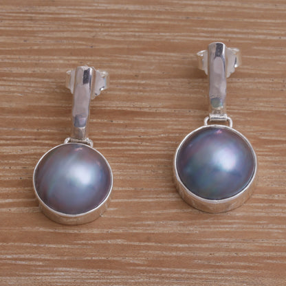 Ethereal Shimmer in Blue Cultured Mabe Pearl Dangle and Sterling Silver Earrings