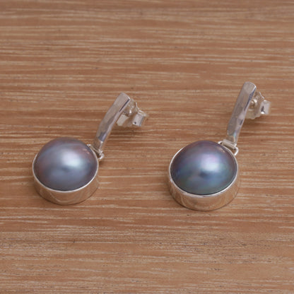 Ethereal Shimmer in Blue Cultured Mabe Pearl Dangle and Sterling Silver Earrings