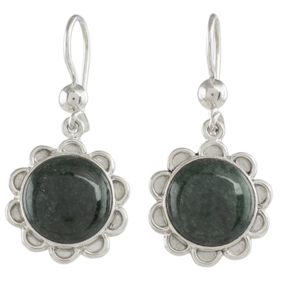 Dark Green Solar Flower Dark Green Jade Dangle Earrings from Guatemala