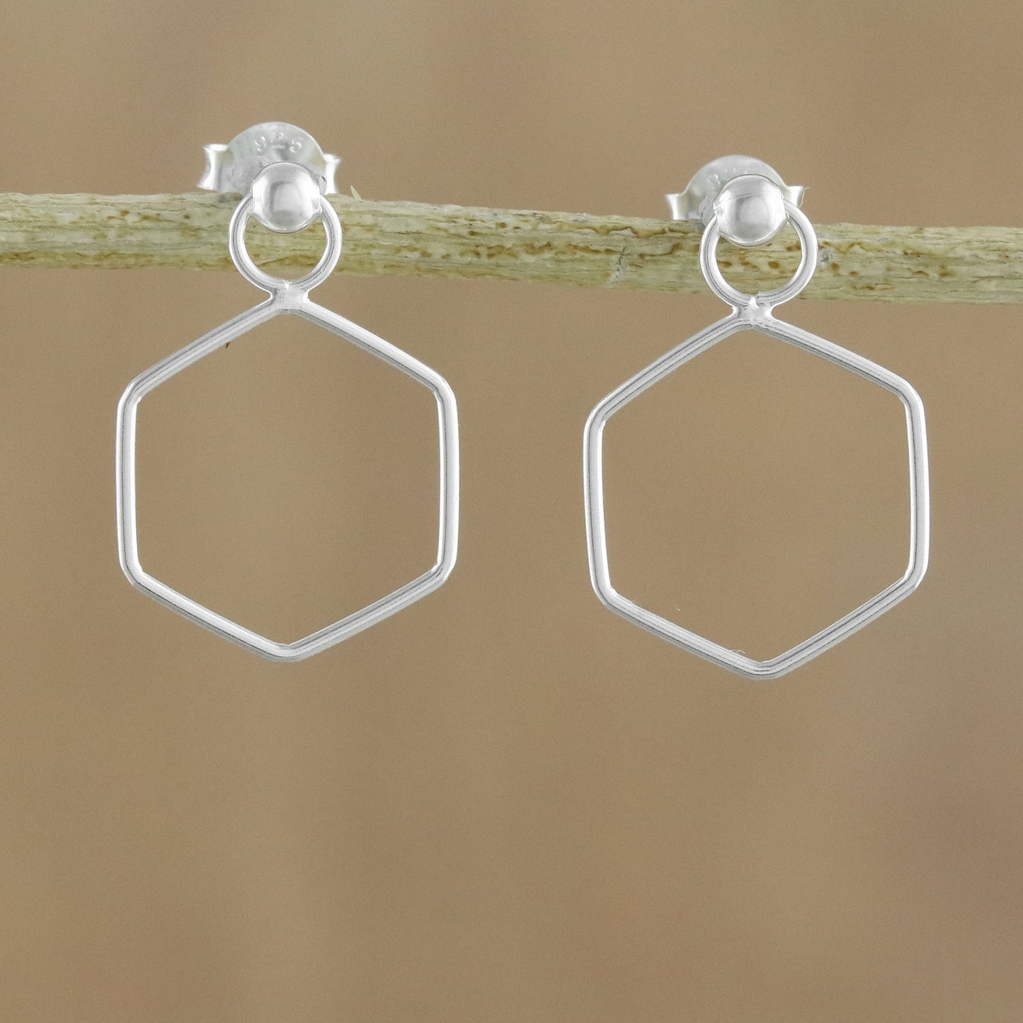 Elegant Hexagon 925 Sterling Silver Hexagon Shaped Frame Earrings