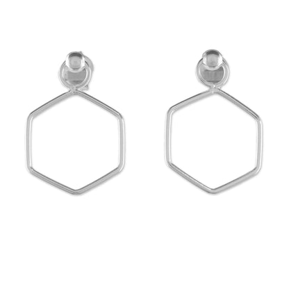 Elegant Hexagon 925 Sterling Silver Hexagon Shaped Frame Earrings