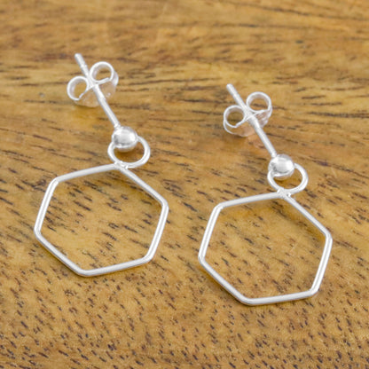 Elegant Hexagon 925 Sterling Silver Hexagon Shaped Frame Earrings