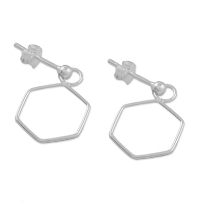 Elegant Hexagon 925 Sterling Silver Hexagon Shaped Frame Earrings