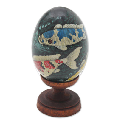 Koi Pond Egg-Shaped Albesia Wood Koi Fish Sculpture from Bali