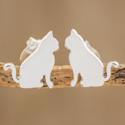 Festive Feline Handcrafted Sterling Silver Attentive Cat Button Earrings