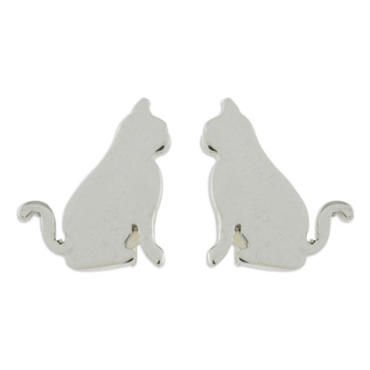 Festive Feline Handcrafted Sterling Silver Attentive Cat Button Earrings