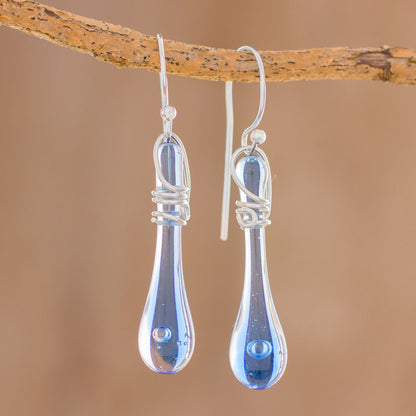 Bubbling Spring Glass Dangle Earrings in Blue from Costa Rica (1.8 inch)