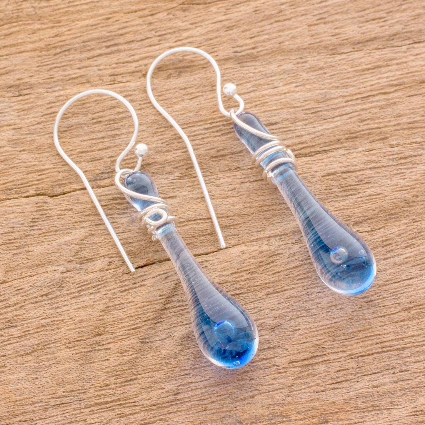 Bubbling Spring Glass Dangle Earrings in Blue from Costa Rica (1.8 inch)