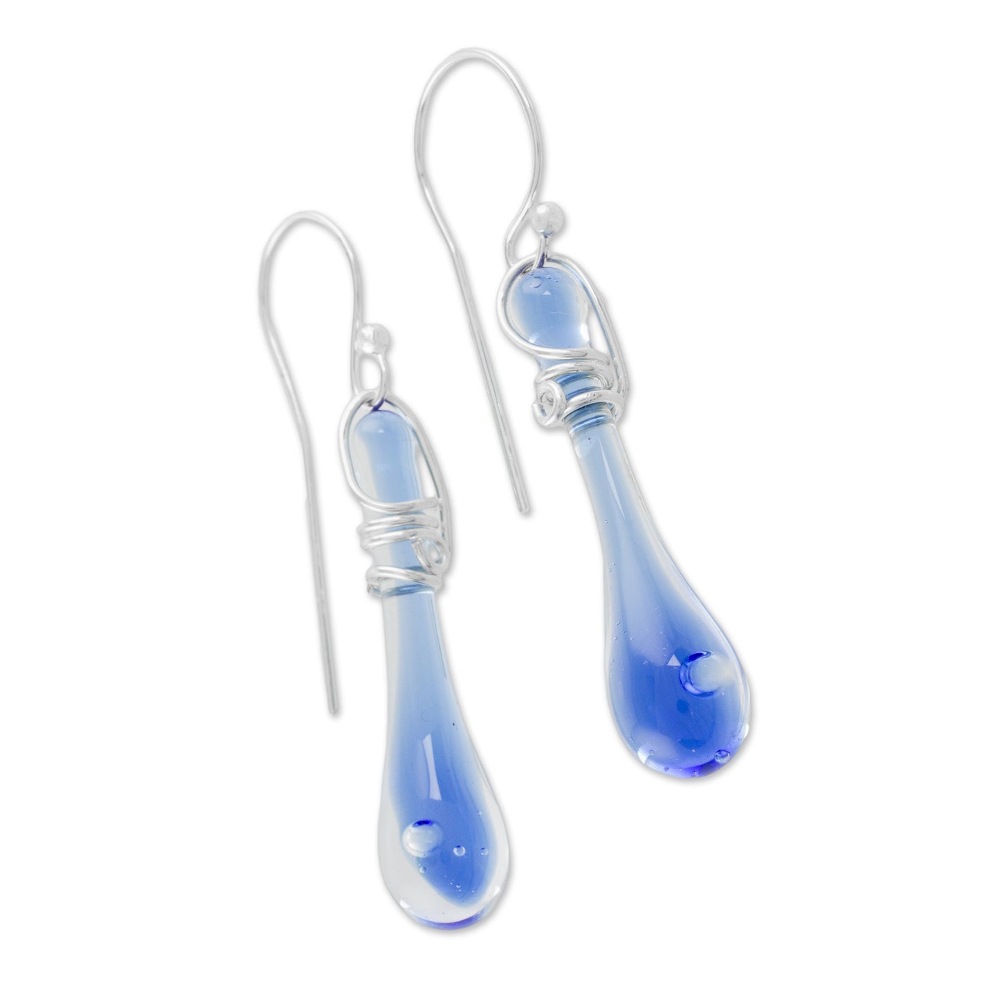 Bubbling Spring Glass Dangle Earrings in Blue from Costa Rica (1.8 inch)