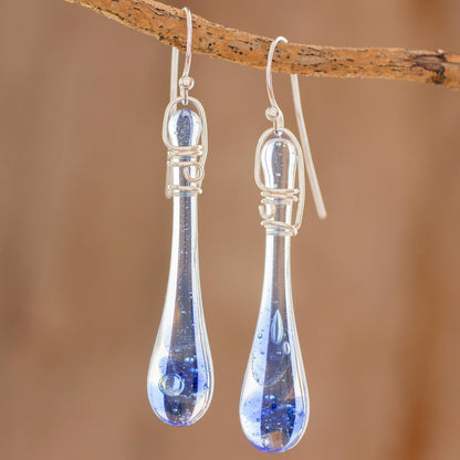 Bubbling Spring Glass Dangle Earrings in Blue from Costa Rica (2 inch)