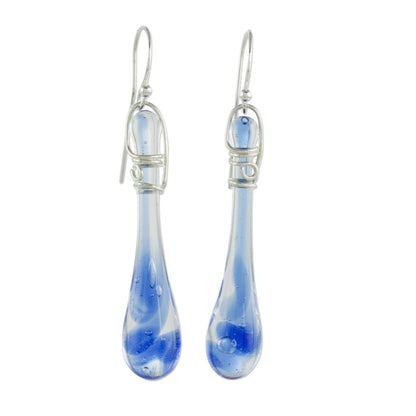 Bubbling Spring Glass Dangle Earrings in Blue from Costa Rica (2 inch)