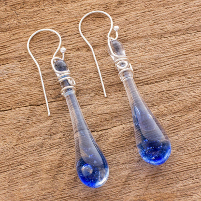 Bubbling Spring Glass Dangle Earrings in Blue from Costa Rica (2 inch)