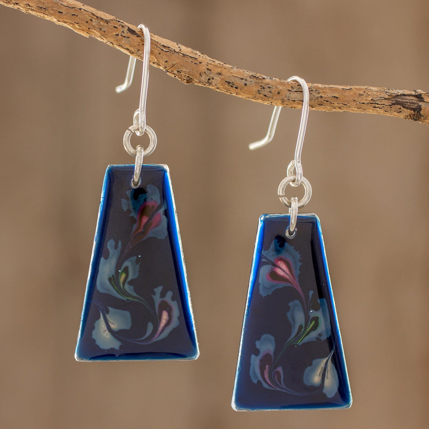 Deep Sea Currents Blue Trapezoid Art Glass Dangle Earrings from Costa Rica