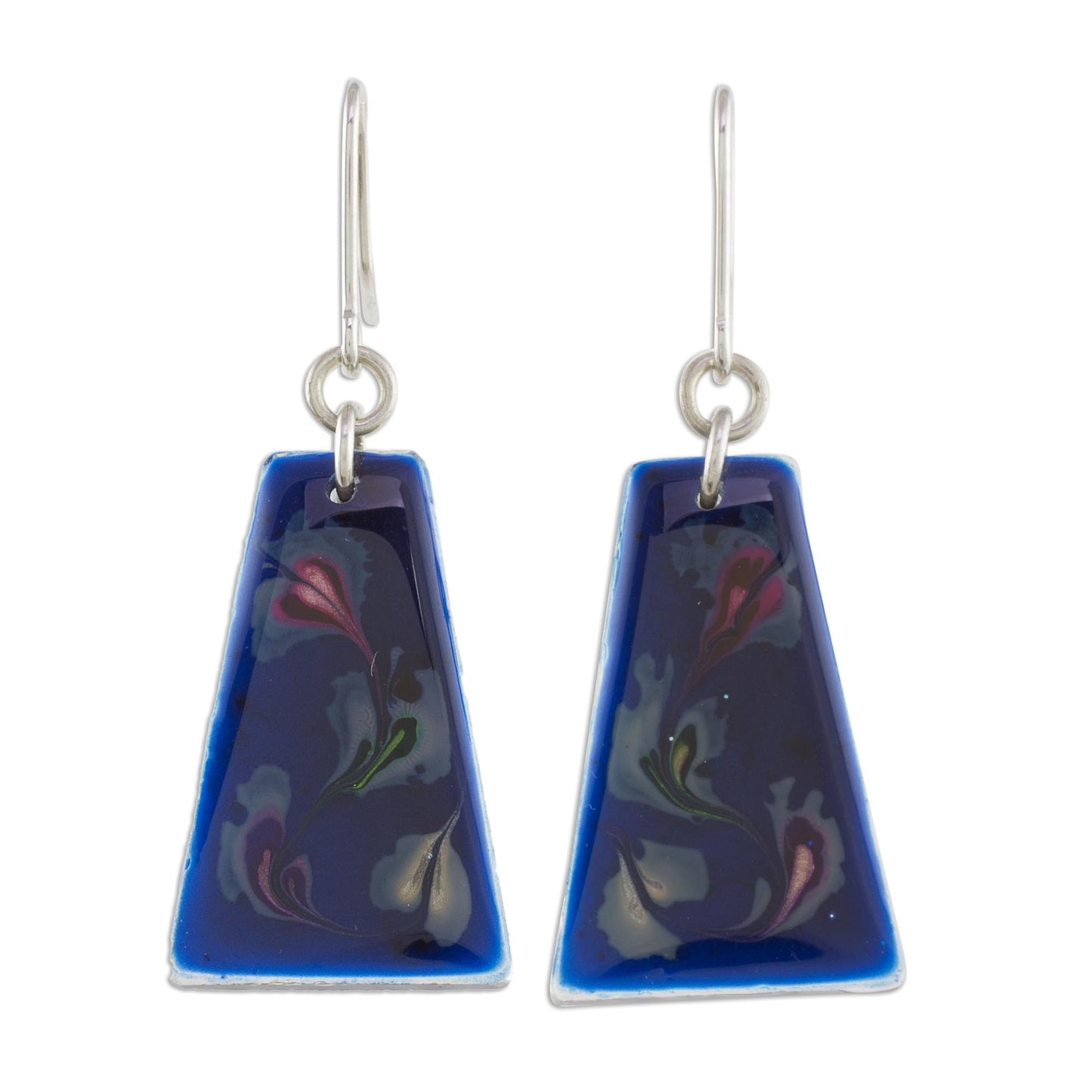 Deep Sea Currents Blue Trapezoid Art Glass Dangle Earrings from Costa Rica