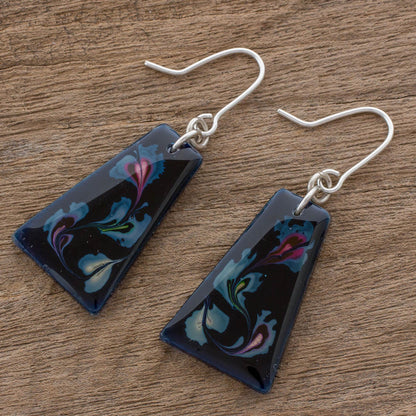 Deep Sea Currents Blue Trapezoid Art Glass Dangle Earrings from Costa Rica