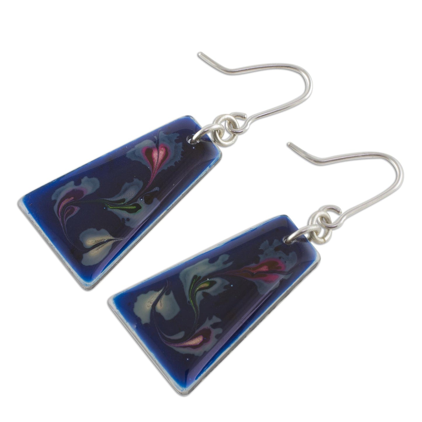 Deep Sea Currents Blue Trapezoid Art Glass Dangle Earrings from Costa Rica