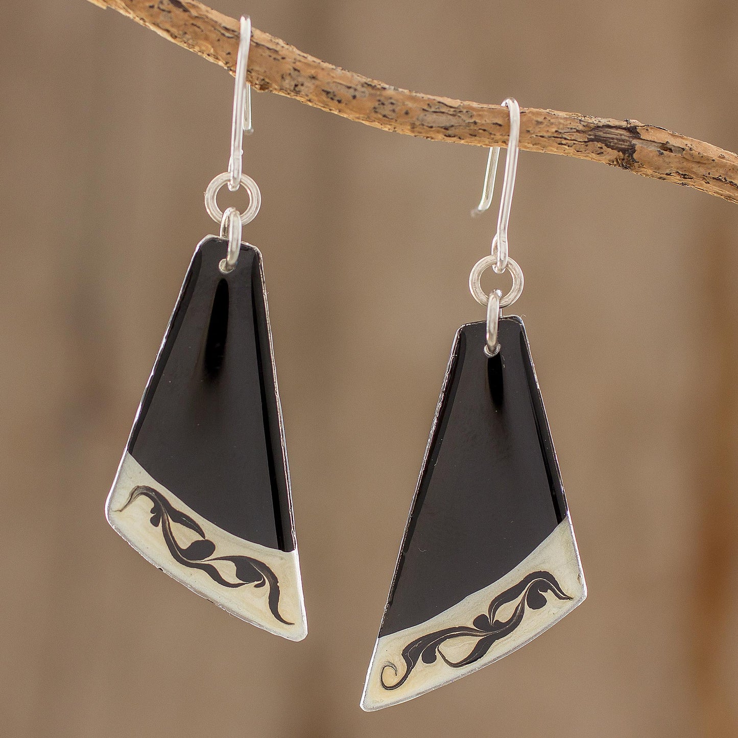 Dance Fan Black Asymmetrical Triangle Art Glass Dangle Earrings