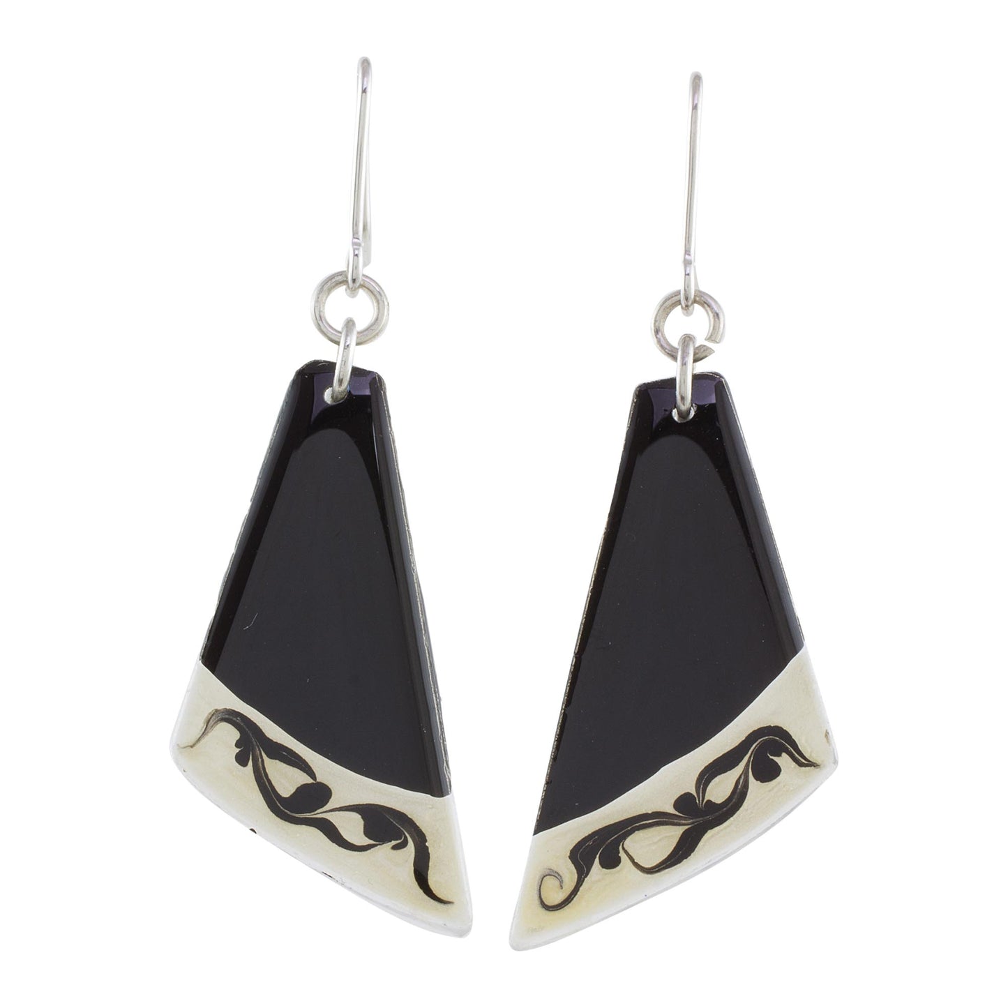 Dance Fan Black Asymmetrical Triangle Art Glass Dangle Earrings