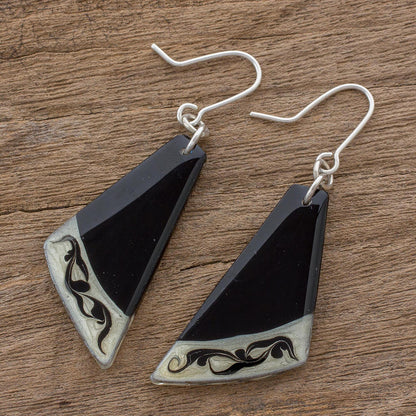 Dance Fan Black Asymmetrical Triangle Art Glass Dangle Earrings