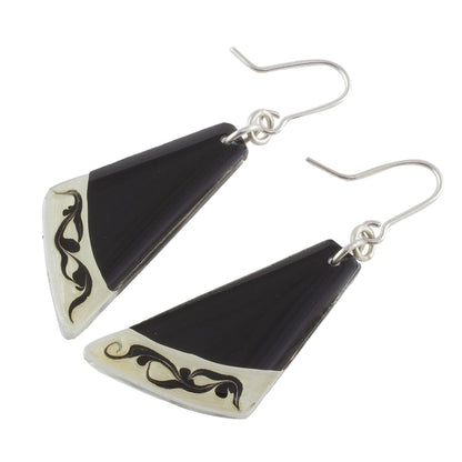 Dance Fan Black Asymmetrical Triangle Art Glass Dangle Earrings