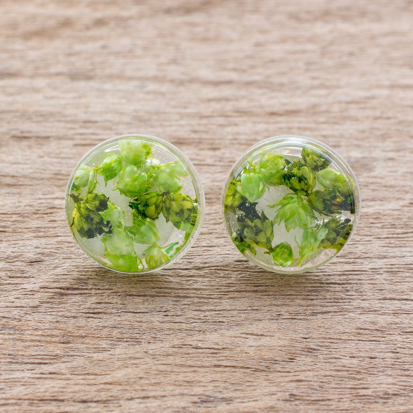 Eternal Bouquet in Green Green Flower in Clear Resin Button Earrings from Costa Rica