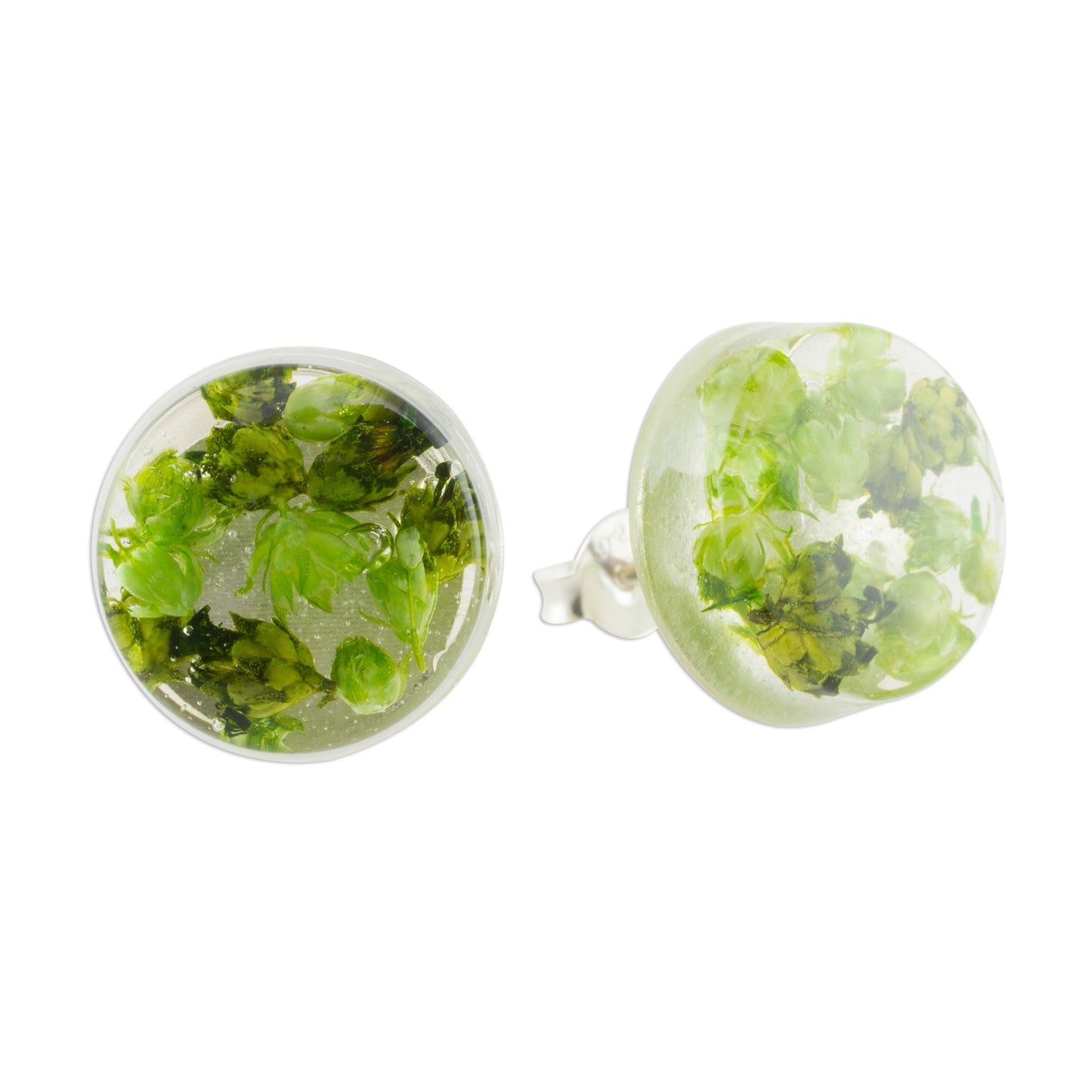 Eternal Bouquet in Green Green Flower in Clear Resin Button Earrings from Costa Rica