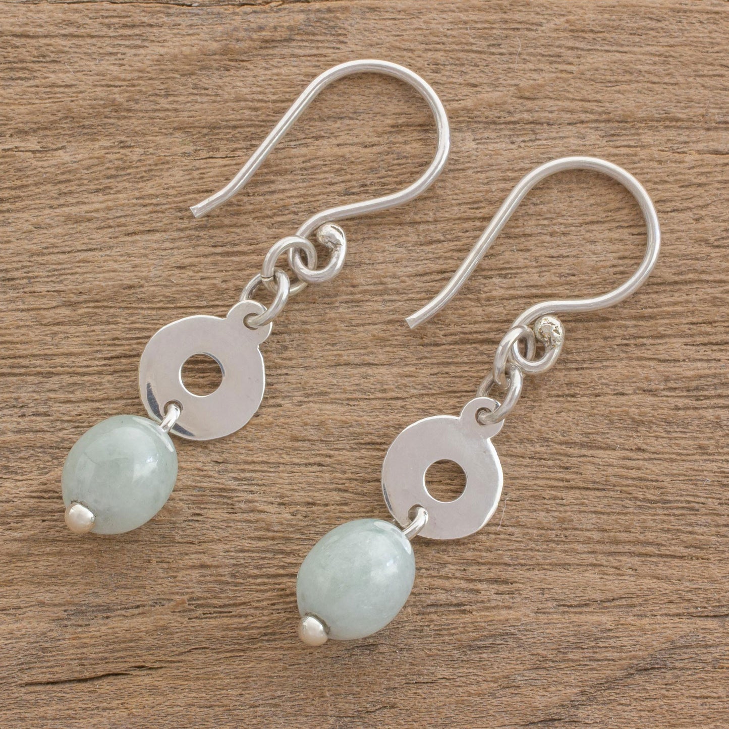 Ancestral Rings Circular Apple Green Jade Dangle Earrings from Guatemala