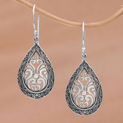 Silver Drop Sterling Silver Balinese Tendrils Tear Drop Dangle Earrings