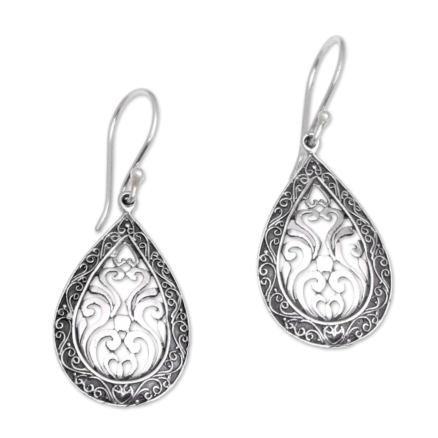 Silver Drop Sterling Silver Balinese Tendrils Tear Drop Dangle Earrings