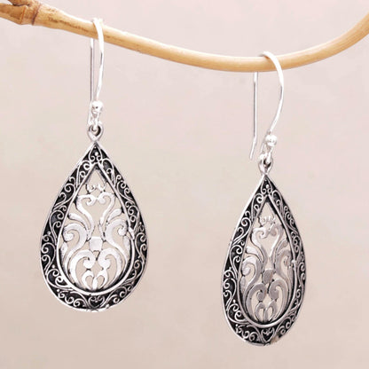 Silver Drop Sterling Silver Balinese Tendrils Tear Drop Dangle Earrings