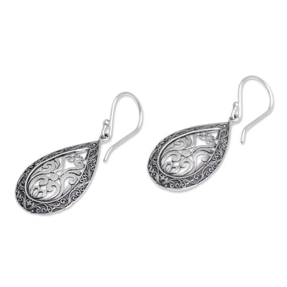 Silver Drop Sterling Silver Balinese Tendrils Tear Drop Dangle Earrings