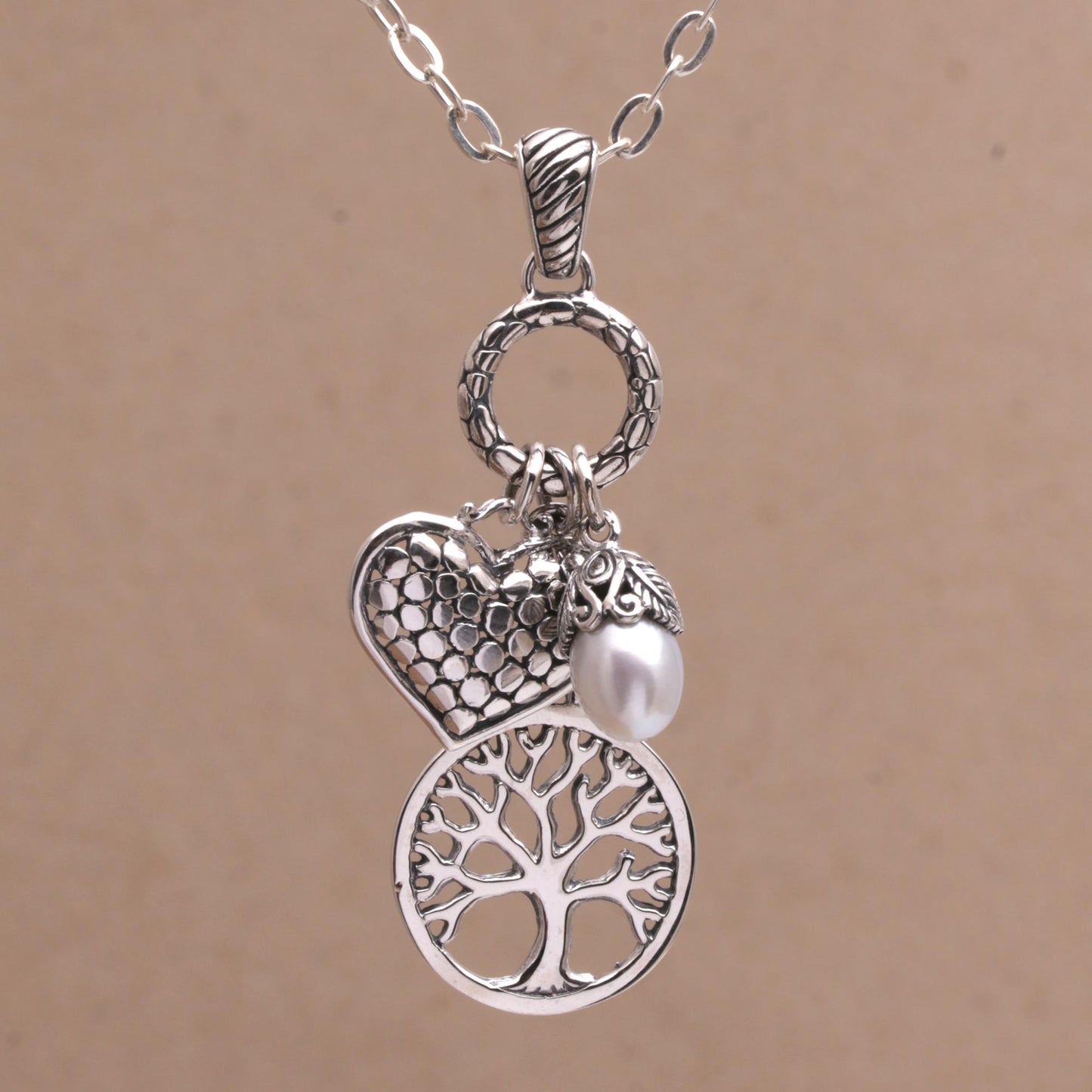 Love in the Forest Heart and Tree Cultured Pearl Pendant Necklace from Bali