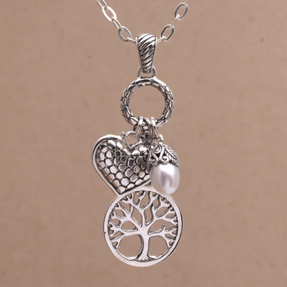 Love in the Forest Heart and Tree Cultured Pearl Pendant Necklace from Bali