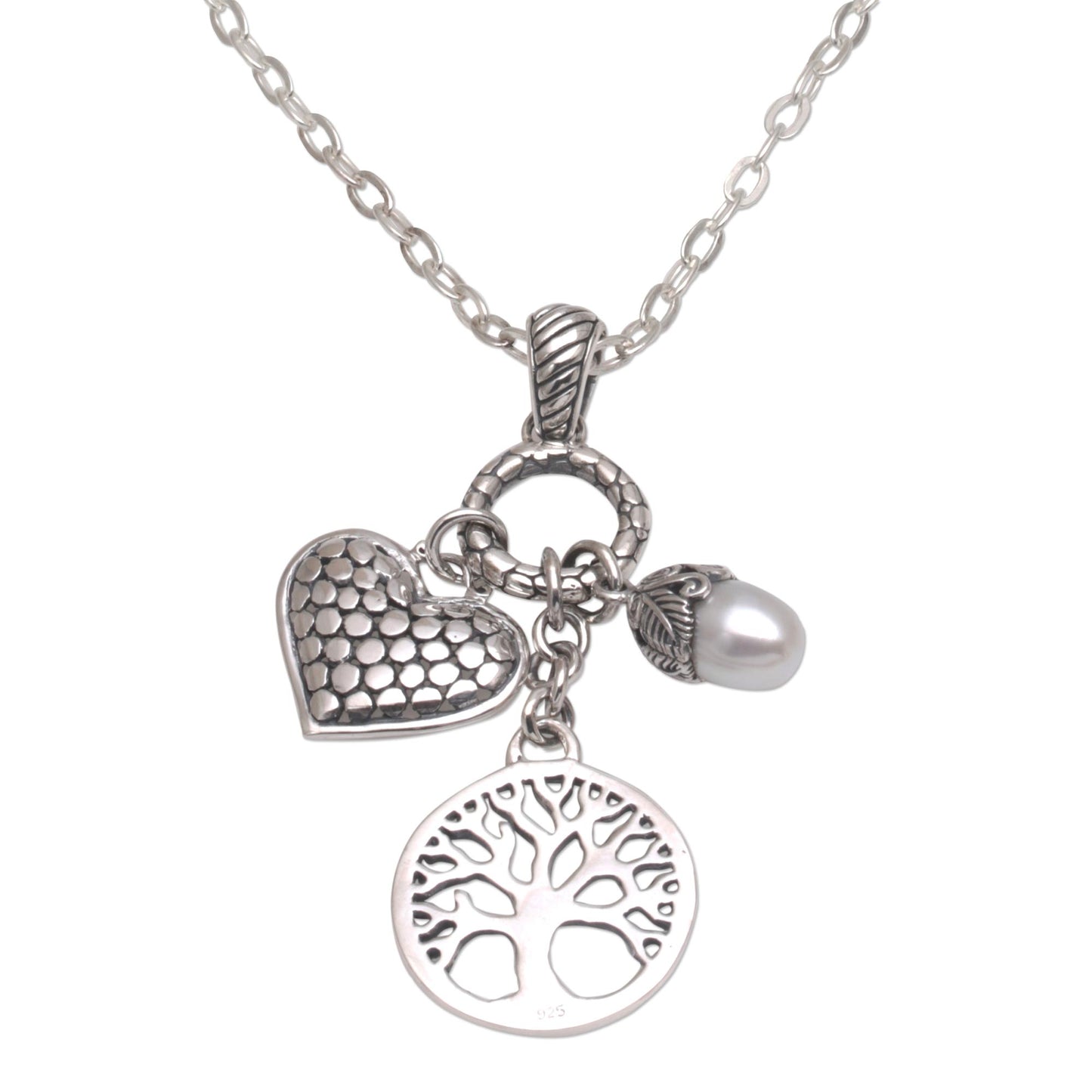 Love in the Forest Heart and Tree Cultured Pearl Pendant Necklace from Bali