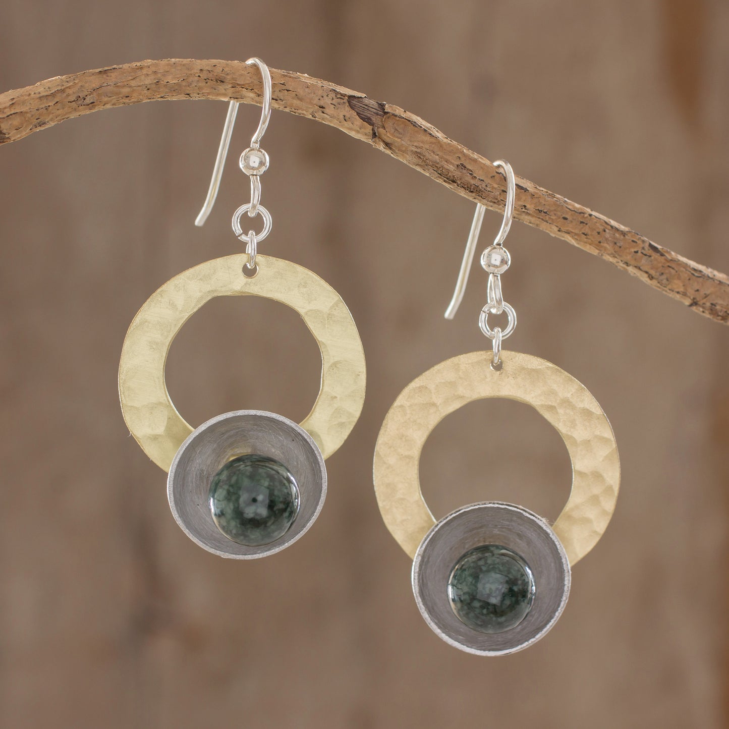 Textured Combination Circular Modern Jade Dangle Earrings from Guatemala