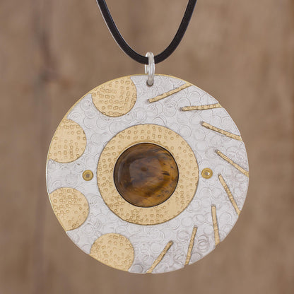 Shining Suns Modern Tiger's Eye and Brass Circle Pendant Necklace