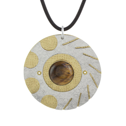 Shining Suns Modern Tiger's Eye and Brass Circle Pendant Necklace