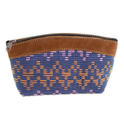 Beautiful Texture Leather Accent Cotton Cosmetic Bag from Guatemala