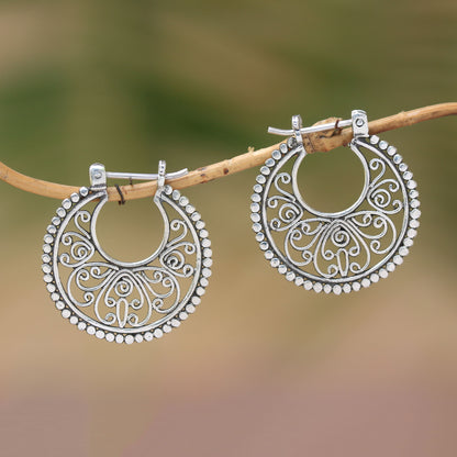 Swirling Radiance Sterling Silver Hoop Earrings Handcrafted in Bali