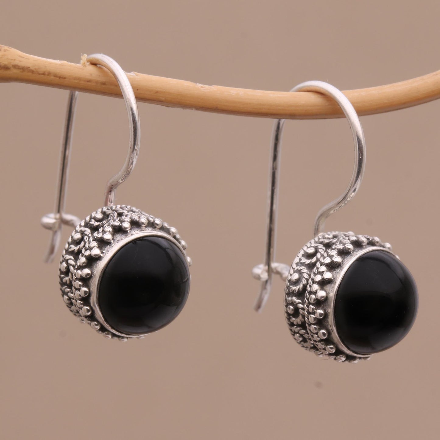 Beauteous Onyx and Sterling Silver Drop Earrings Handmade in Bali