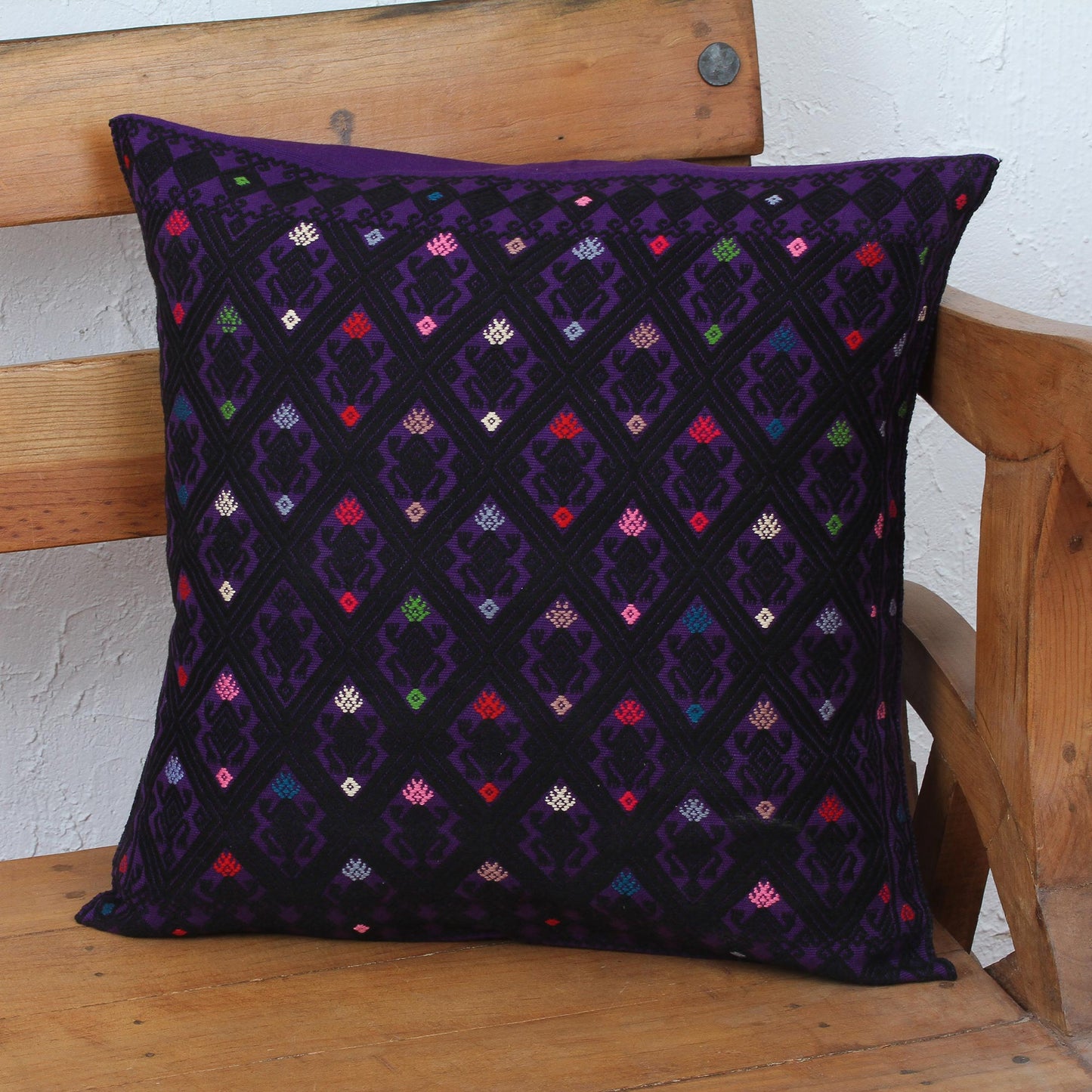 Geometric Dance in Purple Cotton Cushion Cover in Purple and Black from Mexico