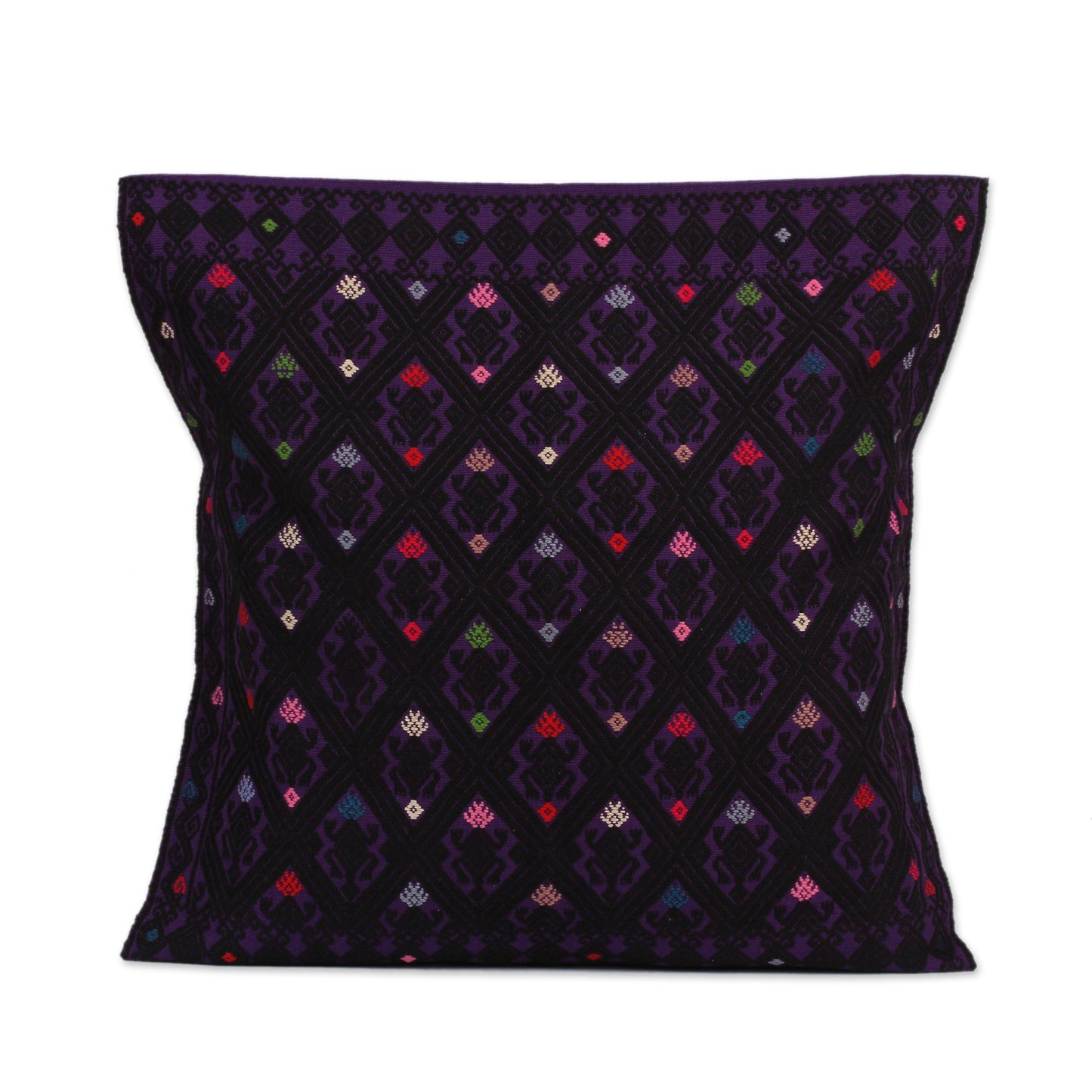 Geometric Dance in Purple Cotton Cushion Cover in Purple and Black from Mexico