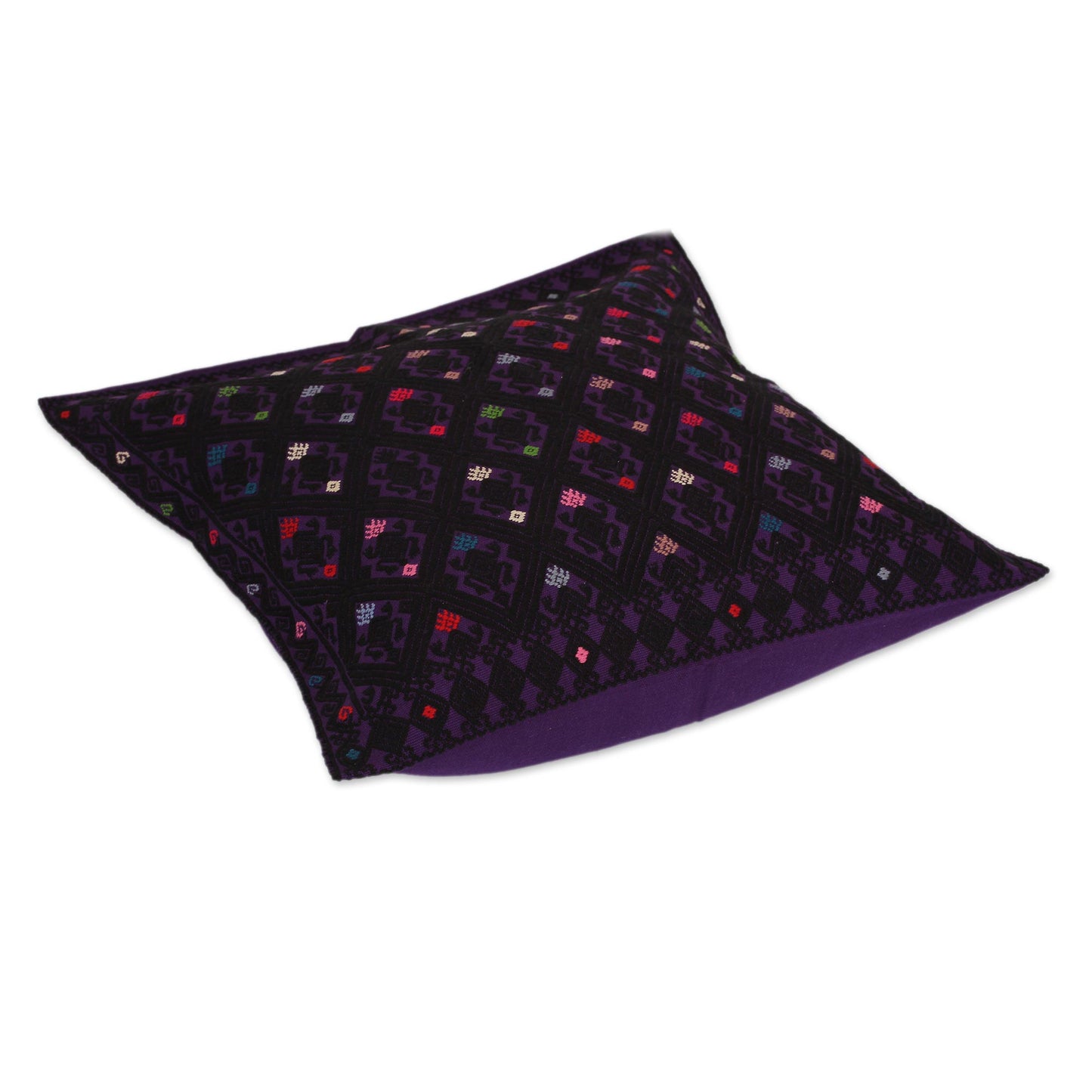 Geometric Dance in Purple Cotton Cushion Cover in Purple and Black from Mexico