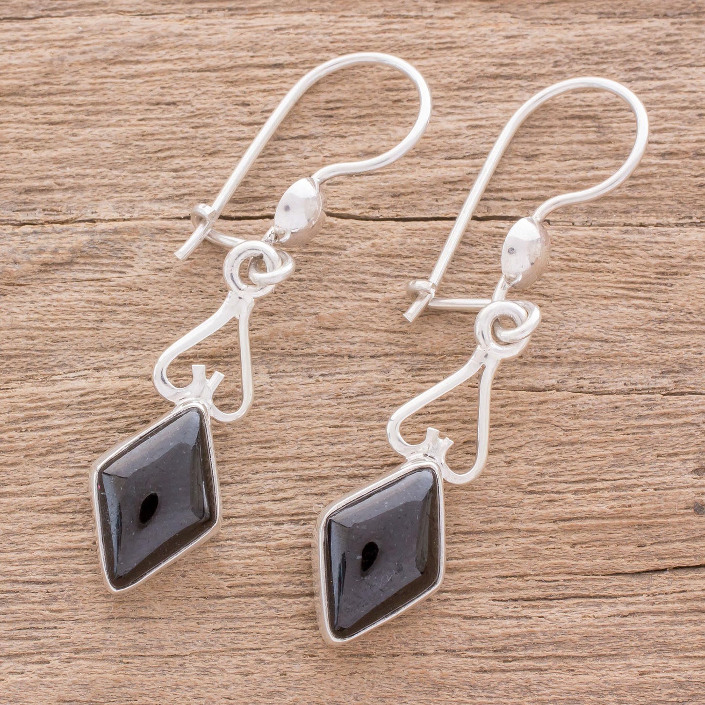 Marvelous Black Diamonds Diamond-Shaped Black Jade Dangle Earrings from Guatemala