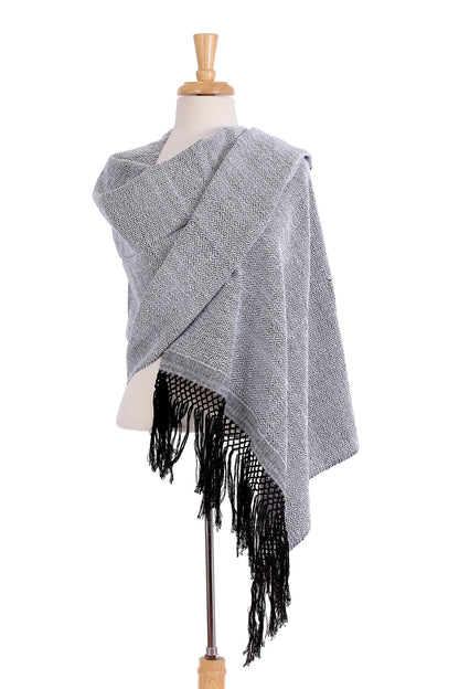 Striped Diamonds in White Handwoven White and Black Zapotec Cotton Rebozo Shawls