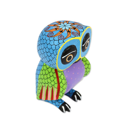 Night Fantasy Wood Owl Sculpture with Hand Painted Star Design from Mexico